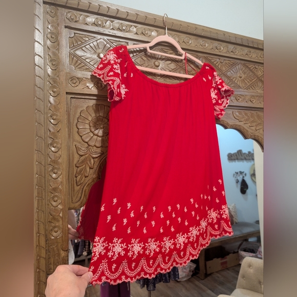 Altar'd State- Red Off-Shoulder Dress Or Tunic with White Embroidery - Picture 11 of 16